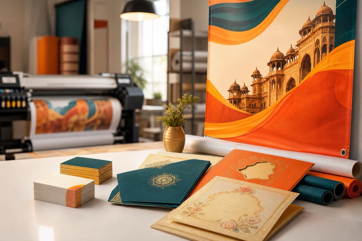 Jeel Printers studio — flex banners, visiting cards and print work